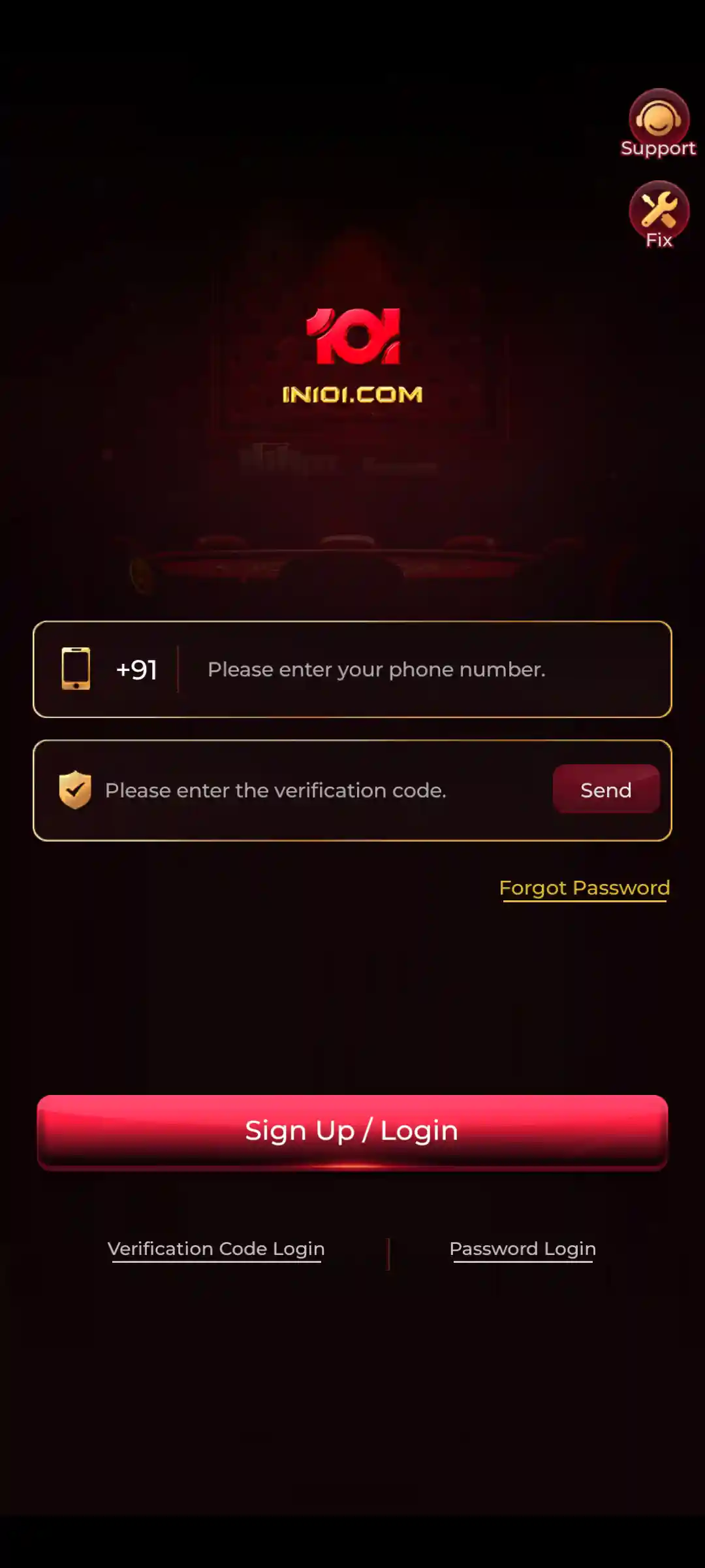 IN101 Game Login and account access screen